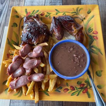 Pollo Bravo - Roasted chicken , red beans , and salchipapa . - Peruvian Near Me - Pearland, Texas