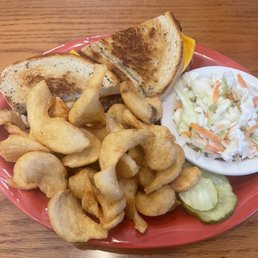 Hamburger melt with French fries and coleslaw Hamburger melt with French fries and coleslaw