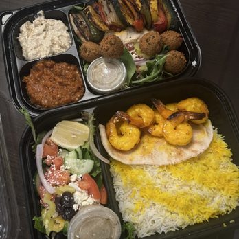 Lemon Zest Cafe - Veggie Plate with Roasted Eggplant dip and Baba ganoush. Shrimp Kabob with half rice and half Greek Salad. - Mediterranean Near Me - Glendale, California Lemon Zest Cafe - Veggie Plate with Roasted Eggplant dip and Baba ganoush. Shrimp Kabob with half rice and half Greek Salad. - Mediterranean Near Me - Glendale, California