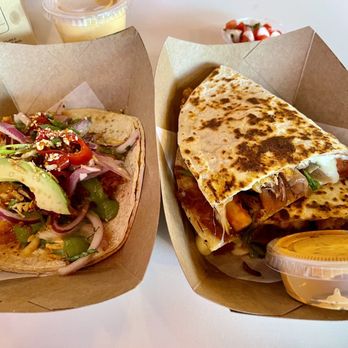 Taco Bamba Vienna - Crunchy Shrimp Hidden Drewno soft taco (left), Traditional Chicken Quesadilla (right) - Mexican Near Me - Vienna, Virginia Taco Bamba Vienna - Crunchy Shrimp Hidden Drewno soft taco (left), Traditional Chicken Quesadilla (right) - Mexican Near Me - Vienna, Virginia