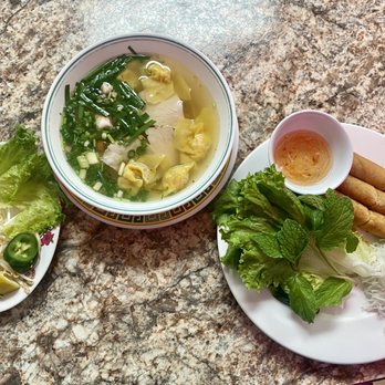 Pho 97 - Wonton Noodle Soup (egg noodles) and egg Grilled Pork and Spring Roll Vermicelli  4/8/22 - Vietnamese Near Me - Honolulu, Hawaii