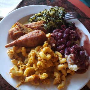 Photo of ELife Restaurant - Washington, DC, United States. Cashew mac&cheese(very close to reg mac&cheese), maple curry chik'n (good but the bbq ones were better) red beans&brown rice& collard greens