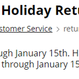 The image shows a webpage titled 'JCPenney Holiday Return Policy,' providing information about returning gifts purchased during the holiday season. It mentions that gift purchases can be returned until January 15th and includes instructions for returning gifts with or without a receipt. The page also links to customer service and emphasizes the return deadline for holiday purchases.