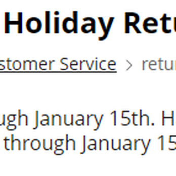 JCPenney - The image shows a webpage titled 'JCPenney Holiday Return Policy,' providing information about returning gifts purchased during the holiday season. It mentions that gift purchases can be returned until January 15th and includes instructions for returning gifts with or without a receipt. The page also links to customer service and emphasizes the return deadline for holiday purchases. - Department Stores Near Me - Goodyear, Arizona