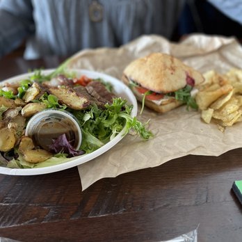 Modern Market Eatery - The Arugula & Blue Cheese Salad (with steak), the Blueberry Pesto Sandwich and Plain Potato Chips - Breakfast & Brunch Near Me - Colorado Springs, Colorado