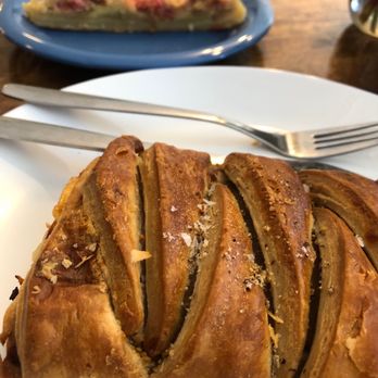 Hazella Bake Shop - A savory ham and cheese and in the background, a strawberry rhubarb delight. - Bakeries Near Me - Lebanon, Oregon