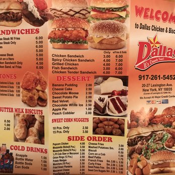 Dallas Chicken and Biscuits - The front of their menu: sandwiches, drinks, dessert, sides, etc. - Chicken Wings Near Me - New York, New York