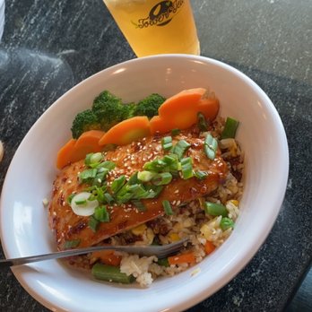 Tower Tea - Fried rice bowl with hot and spicy salmon and Love Potion drink - Bubble Tea Near Me - Fresno, California