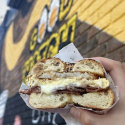 Good Hatch - Bacon, egg, hashbrown, and cheese on an Everything bagel