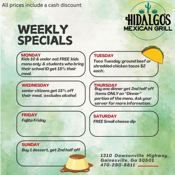 Hidalgo's Mexican Grill - Specials - Mexican Near Me - Gainesville, Georgia Hidalgo's Mexican Grill - Specials - Mexican Near Me - Gainesville, Georgia