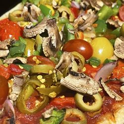Mazza's - Pizza with vegetables, aglio e' oilo with seasonal vegetables. Secret super sauce- Balsamic reduction!