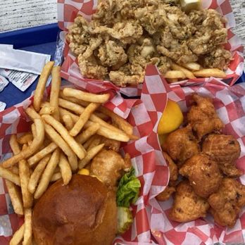 N.O. Bar Clam Shack - Flipping Fish Sandwich, Fritters and Whole belly clams. - Seafood Near Me - Charlestown, Rhode Island N.O. Bar Clam Shack - Flipping Fish Sandwich, Fritters and Whole belly clams. - Seafood Near Me - Charlestown, Rhode Island
