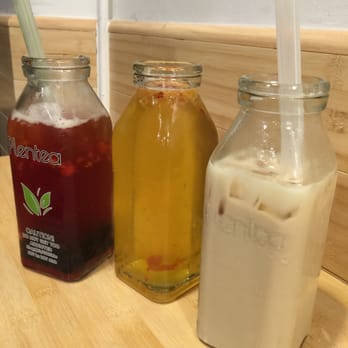 Plentea - Left to right: strawberry fresh fruit tea, apple honey flavored tea, oolong milk tea. - Tea Rooms Near Me - San Francisco, California Plentea - Left to right: strawberry fresh fruit tea, apple honey flavored tea, oolong milk tea. - Tea Rooms Near Me - San Francisco, California