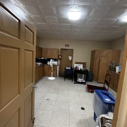 Large kitchen space. Fridge and freezer in the right corner. This is very large