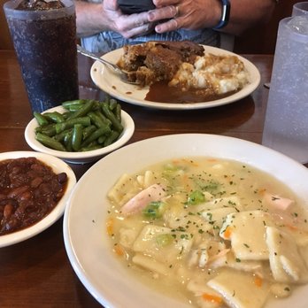 Blue Springs Cafe - Chicken & dumplings with baked beans & green beans for me, meatloaf, mashed potatoes, & salad for my husband. - American Near Me - Highland, Illinois