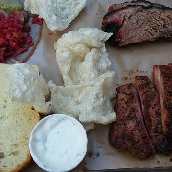 Mabel's BBQ - Pork ribs , brisket and cracklins with lawsons chip dip. - Barbeque Near Me - Cleveland, Ohio