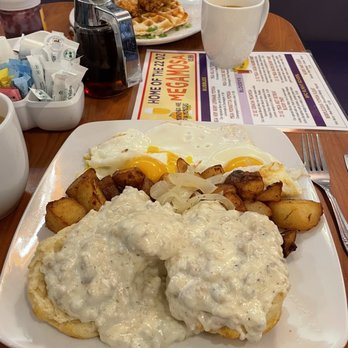 Berry Fresh Cafe - Classic Biscuit & sausage gray with potatoes & 2 sunny side - Breakfast & Brunch Near Me - Stuart, Florida Berry Fresh Cafe - Classic Biscuit & sausage gray with potatoes & 2 sunny side - Breakfast & Brunch Near Me - Stuart, Florida