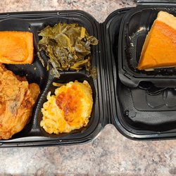 Magnolia Room Tucker - From the top left... Jalapeno cornbread, collard greens, macaroni and cheese, fried chicken breast white quarter.  Sweet potato pie slice.