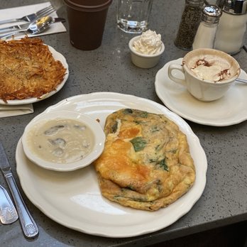 Richard Walker's Pancake House - FRESH SPINACH OMELETTE WITH CHEESE and hot chocolate coffee combo - Waffles Near Me - Del Mar, California Richard Walker's Pancake House - FRESH SPINACH OMELETTE WITH CHEESE and hot chocolate coffee combo - Waffles Near Me - Del Mar, California