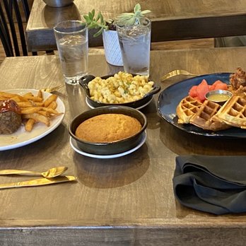 Station 22 - Chicken and Waffles, chorizo meat loaf, cornbread, Grown - Up Mac and Cheese (appetizer unfortunately served with our meal) - New American Near Me - Provo, Utah Station 22 - Chicken and Waffles, chorizo meat loaf, cornbread, Grown - Up Mac and Cheese (appetizer unfortunately served with our meal) - New American Near Me - Provo, Utah