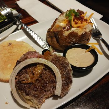 LongHorn Steakhouse - Cheese burger,onion ring, sauce, and loaded baked potato - Steakhouses Near Me - Rosedale, Maryland