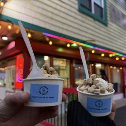 Causeway Ice Cream - Cake batter ice cream on left, cookie dough ice cream on right - both with cookie dough toppings