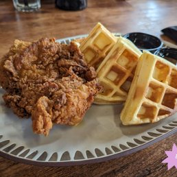 Fried Chicken and Waffles, which also comes with a side of fries as an option.
