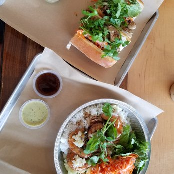 Nguyen's Kitchen - Bahn mi sandwich and rice bowl with shrimp - Vietnamese Near Me - Orange, California