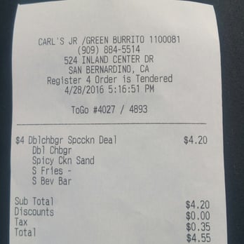 Carl's Jr - $4 Meal $4.20 +tax ??? - Fast Food Near Me - San Bernardino, California