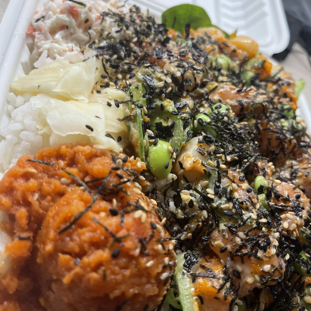 Poke Rainbow - a white styrofoam container filled with rice and vegetables - Poke Near Me - Redondo Beach, California Poke Rainbow - a white styrofoam container filled with rice and vegetables - Poke Near Me - Redondo Beach, California