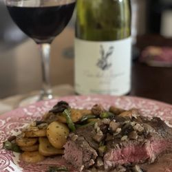Buvons Natural Wine Bar + Shop - Filet mignon with mushroom sauce with a side of  potato and green beans. I used the wine to make the sauce.
