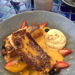 The French Toast - passionfruit curd, maple marscopone, fruit and candied hazelnuts