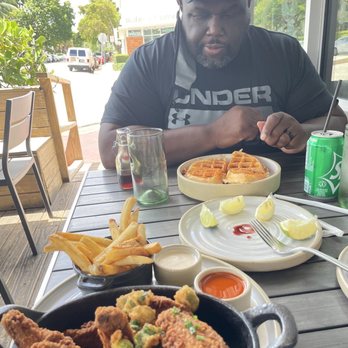 Yardbird Table & Bar - Chicken & Waffles with fries and okra - Southern Near Me - Miami Beach, Florida