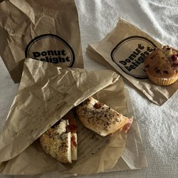 Donut Delight - Bacon everything bagel, and cranberry walnut muffin.