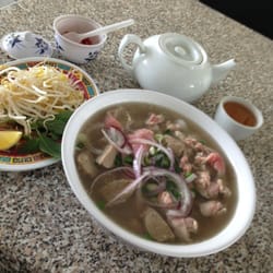 Van Vietnamese Restaurant - Jumbo beef pho with sliced beef and beef balls for $12. Always nice with some hot tea