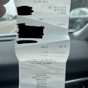 Moonshadows - Receipt with the misleading tip calculations at the bottom - Seafood Near Me - Malibu, California Moonshadows - Receipt with the misleading tip calculations at the bottom - Seafood Near Me - Malibu, California