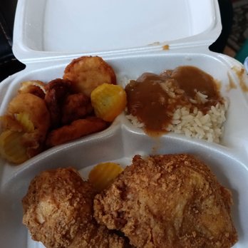 Holiday Restaurant - chicken, rice, carrots, and gravy in a styrofoam container - Breakfast & Brunch Near Me - Rockingham, North Carolina