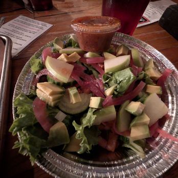 Meat BBQ - BBQ salad (bit of a surprising kick to this) --avocado, apple, fresh greens, pickled onion, tomato, with balsamic vinaigrette - Barbeque Near Me - Lansing, Michigan