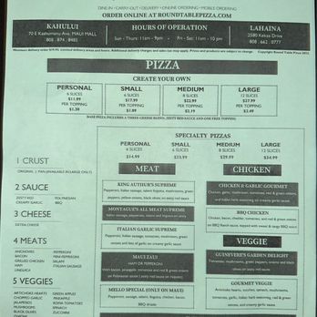Round Table Pizza - Menu as of July 2023 - Pizza Near Me - Kahului, Hawaii
