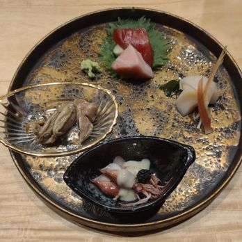 Sushi MARU - Appetizer (clockwise from right) - Hokkaido scallop with myoga ginger, firefly squid, Pacific oysters, otoro (behind the gill) and chutoro - Japanese Near Me - San Diego, California Sushi MARU - Appetizer (clockwise from right) - Hokkaido scallop with myoga ginger, firefly squid, Pacific oysters, otoro (behind the gill) and chutoro - Japanese Near Me - San Diego, California
