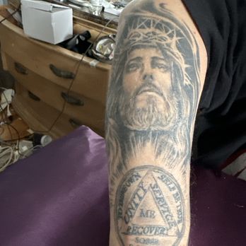 Inkmortal Tattoo Studio II - Jesus Christ and my A.A. symbol. Omar is an incredible artist. - Tattoo Near Me - Red Bank, New Jersey Inkmortal Tattoo Studio II - Jesus Christ and my A.A. symbol. Omar is an incredible artist. - Tattoo Near Me - Red Bank, New Jersey