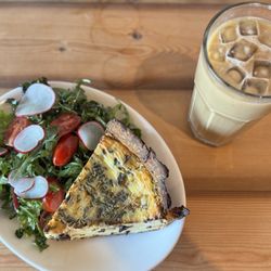 Three Hearts - Iced latte, quiche, salad