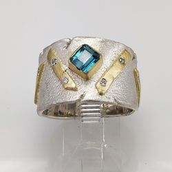 The Wooden Jewel - Locally made silver 18k gold diamond and green tourmaline ring