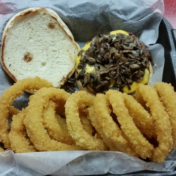 PT's Express - Single burger with American cheese, mushrooms & onion rings - Burgers Near Me - Laughlin, Nevada