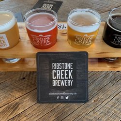 Ribstone Creek Brewery - $10 flight. Our favourites? Second from left: Raspberry Berliner Weisse. Last on right: Abbey Lane.