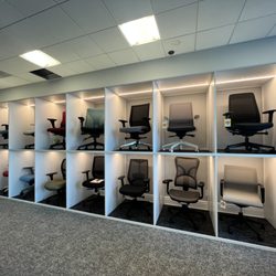 Bay Area Office Solutions - Office Chair Display in the New Showroom, highlighting COE, Pacific Coast, OM Seating, Friant and 9to5 Seating chairs.
