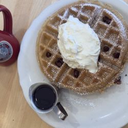 The Original Pancake House - Kona coffee and a chocolate chip waffle with syrup.