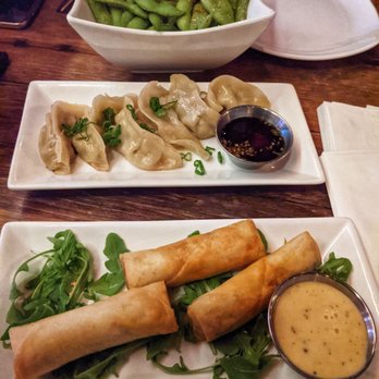 Leaf Bar & Lounge - Cheeseburger Springrolls, Gyoza (in center), and Edamame - Lounges Near Me - Flushing, New York Leaf Bar & Lounge - Cheeseburger Springrolls, Gyoza (in center), and Edamame - Lounges Near Me - Flushing, New York