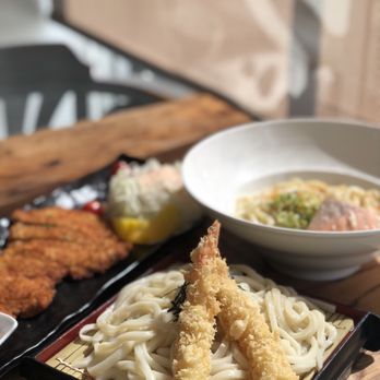 MeNami - Spicy tsuke udon with shrimp tempura, salmon cream sauce udon and tapas tonkatsu. - Japanese Near Me - Toronto, Ontario MeNami - Spicy tsuke udon with shrimp tempura, salmon cream sauce udon and tapas tonkatsu. - Japanese Near Me - Toronto, Ontario