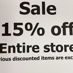 End of Summer
SALE
15% off Entire Store
8-28 through 9-2
Open 10-4 Monday through Saturday
Exclusive previously markdown items